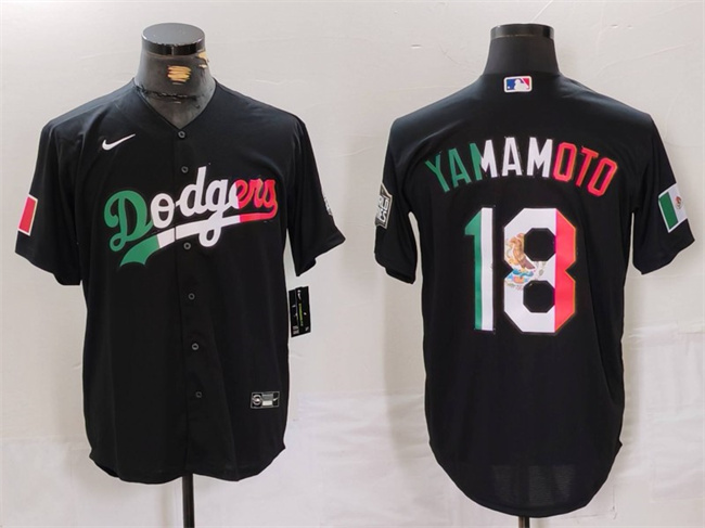 Los Angeles Dodgers #18 Yoshinobu Yamamoto Black Mexico Cool Base Stitched Jersey - Click Image to Close